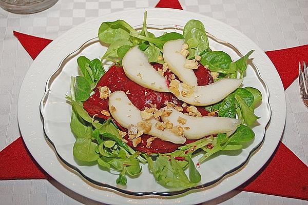 Beetroot with Blue Cheese, Pears, Lamb`s Lettuce and Walnuts