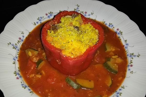 Bell Pepper Filled with Mushroom Risotto in Zucchini Tomato Sauce