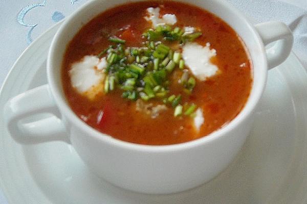Bell Pepper Soup with Meatballs and Goat Cheese