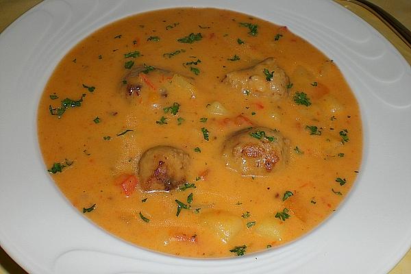 Bell Pepper Soup with Sausage Dumplings