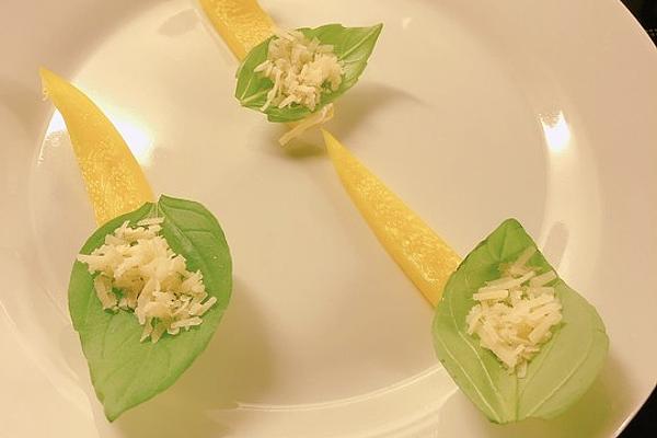 Bell Pepper Spoon with Parmesan on Basil Leaf and Herb Quark Dab