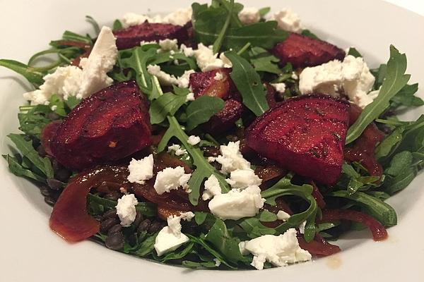 Beluga Lentil and Rocket Salad with Baked Beetroot and Feta