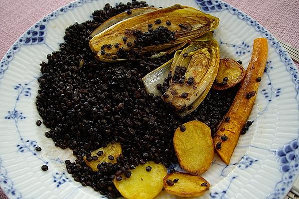 Beluga Lentils with Fried Chicory, Carrots and Potatoes