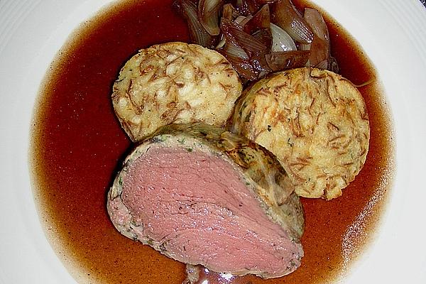 Bison Crepinette with Red Wine – Pepper Sauce and Bread – Mushroom – Dumplings