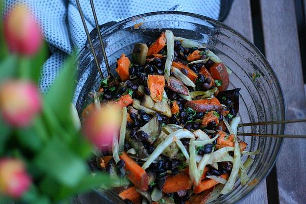 Black Bean Salad with Sweet Potatoes, Fennel and Eggplant