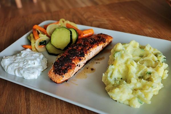 Blackened Salmon with Fennel Puree and Oven Vegetables
