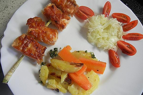 Blacky`s Potato Carrot Vegetables from Tray with Salmon Skewers