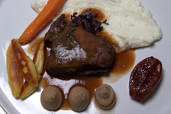 Braised Veal Cheeks with Red Wine Jus, Chestnut and Cauliflower Puree, Served with Potato Noodles