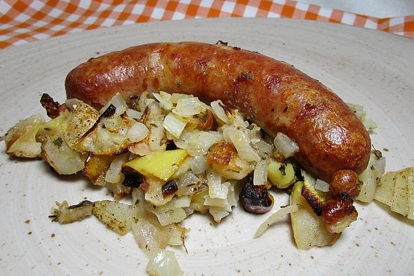 Bratwurst on Apple and Onion Mix from Oven
