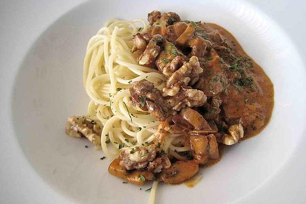 Brown Mushrooms with Walnut Cream Cheese Sauce on Ribbon Noodle Bed