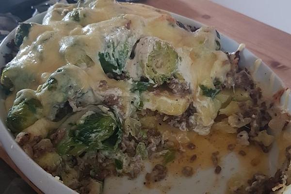 Brussels Cabbage Casserole with Potatoes and Minced Meat