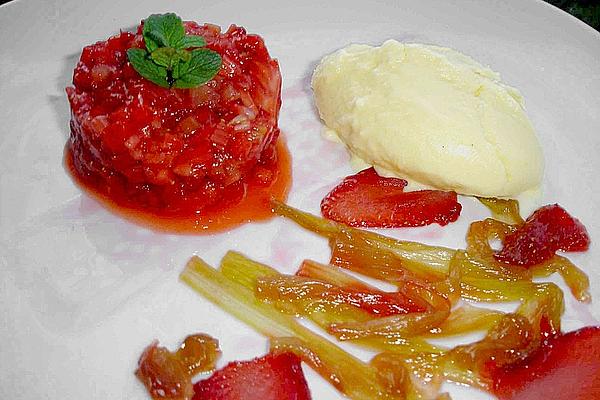 Carpaccio and Tartare Of Strawberries and Rhubarb with Vanilla Ice Cream