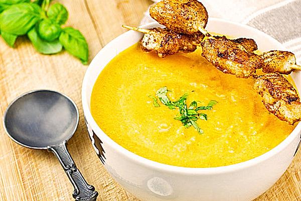 Carrot Soup with Basil and Chicken Skewers