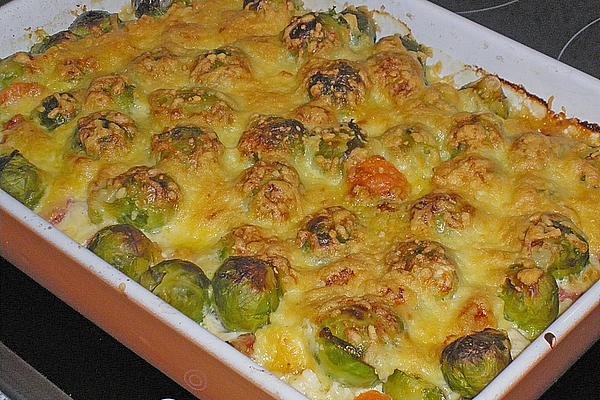Casserole with Buttered Vegetables, Brussels Sprouts and Pork Loin