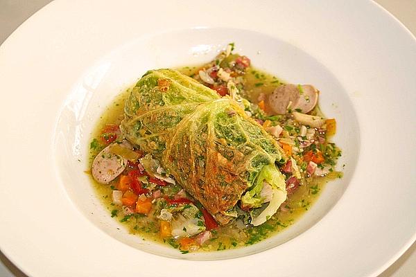 Catalan Style Savoy Cabbage Roulade Filled with Chicken