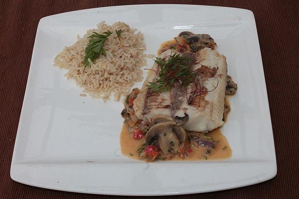 Catfish Fillet with Delicious Mushroom – Horseradish Sauce and Brown Rice