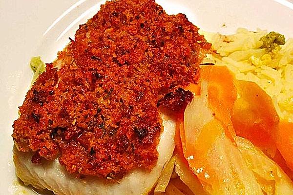 Catfish with Tomato Crust on Fennel, Carrot and Orange Vegetables
