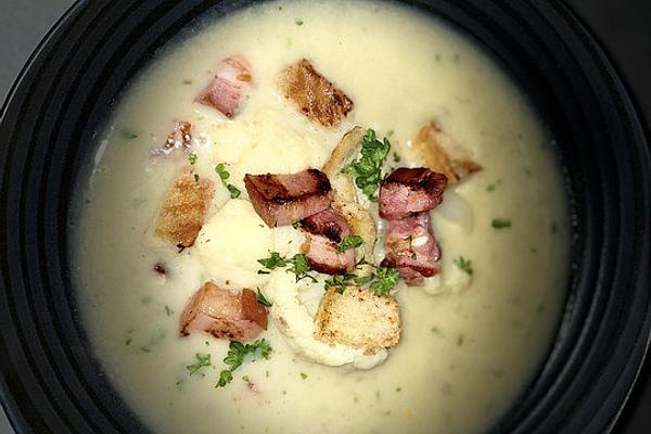 Cauliflower Soup with Croutons and Pork Belly