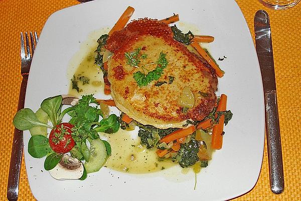 Celery Schnitzel `Mediterranean` on Vegetables