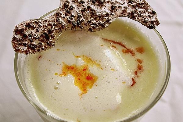 Chayote – Foam Soup with Paprika Oil and Black Olive Brittle