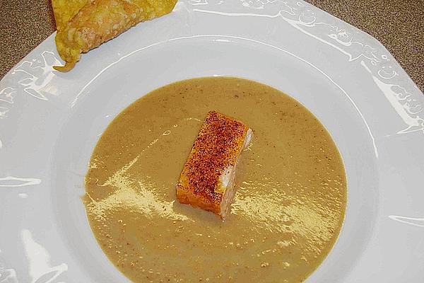 Chestnut Soup with Smoked Salmon – Wonton and Stremel Salmon with Pepper Crust