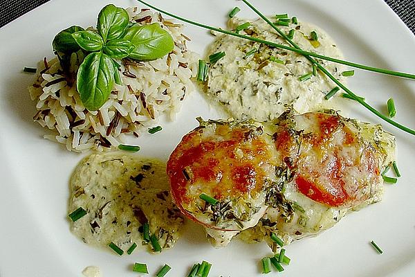 Chicken Breast Fillet with Tomato and Mozzarella in Herb – Cream Sauce