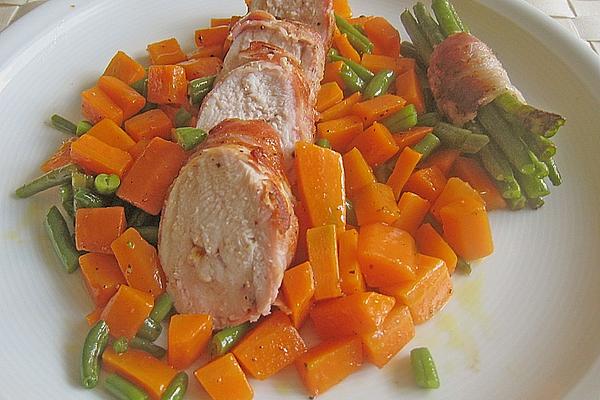 Chicken Breast Fillet Wrapped on Beans – Carrots – Vegetables
