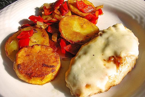 Chicken Breast Fillets with Mozzarella, Served with Roasted Bell Peppers