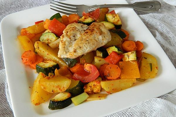 Chicken Breast on Fiery Oven Vegetables