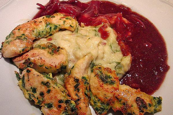 Chicken Breast Strips Wrapped in Herbs with Red Wine and Shallot Sauce