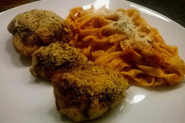 Chicken Breast with Rosemary-parmesan Crust and Linguine in Honey-chili Sauce