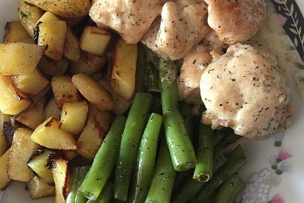 Chicken Breast with Savory Sauce, Bean Vegetables and Fried Potatoes