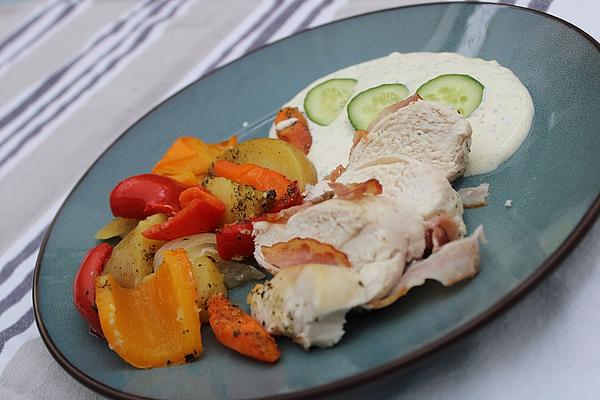 Chicken Breast Wrapped in Bacon with Roasted Vegetables