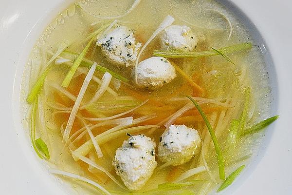 Chicken Broth with Vegetable Strips and Small Dumplings