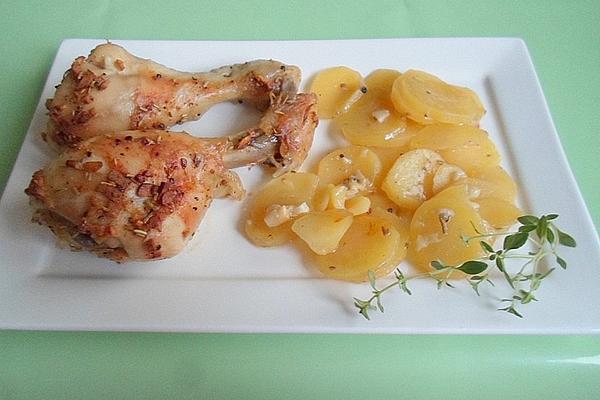 Chicken Legs in Potato Bed with Rosemary – Sesame – Spice Crust