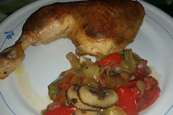 Chicken Legs on Bed Of Vegetables in Dutch Oven