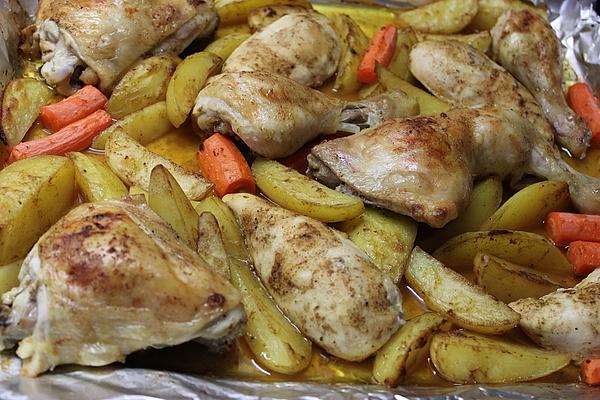 Chicken Legs with Vegetables and Potatoes in Oven