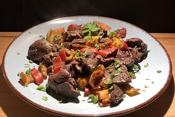Chicken Liver Pan with Peppers, Onions and Balsamic Vinegar