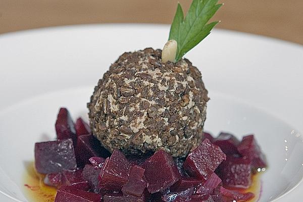 Chicken Liver Praline in Pumpernickel Coating on Beetroot Salad in Raspberry Vinaigrette
