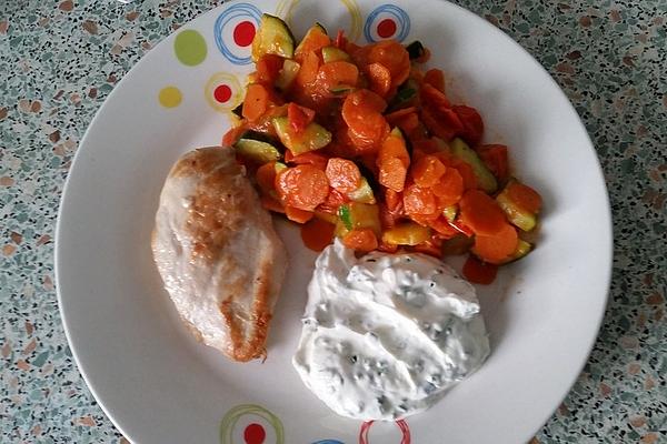 Chicken Minute Schnitzel with Colorful Vegetables and Herb Quark