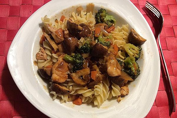Chicken Strips in Dark Sauce with Mushrooms and Broccoli