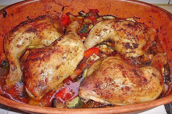 Chicken Thighs on Ratatouille in Roman Pot