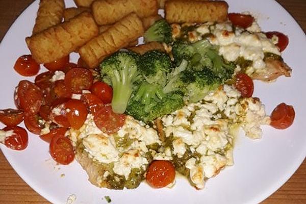 Chicken with Feta and Green Pesto, Served with Croquettes