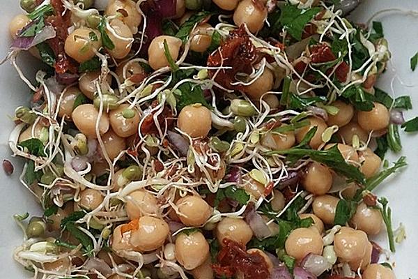 Chickpea Salad with Sprouted Mung Beans and Flax Seeds