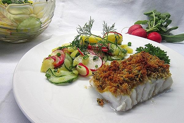 Cod Gratinated with Potato, Cucumber and Radish Salad