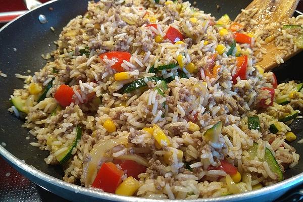 Colorful Pan with Minced Meat and Rice