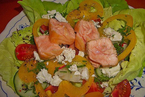 Colorful Salad with Shrimp and Grilled Salmon