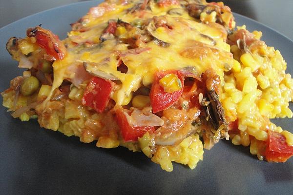 Colorful Vegetable Casserole with Bell Pepper, Mushrooms, Ham and Rice