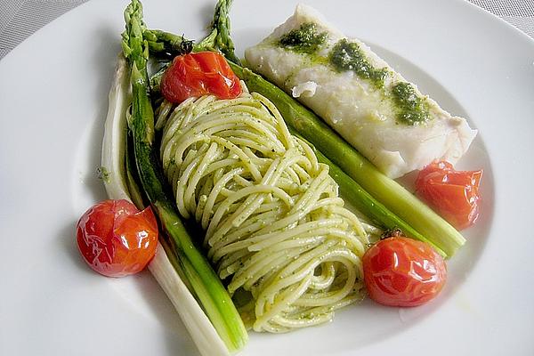 Confectioned Kingklip with Wild Garlic Pesto on Spaghetti, Tomatoes and Fried Asparagus