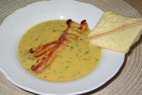 Corn Soup with Bacon and Cheese Toast Triangles